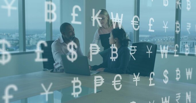 Analyzing three professionals collaborating around laptop in boardroom, with currency icons