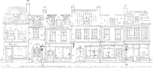 Detailed Line Art Illustration of a European Street with Historic Buildings and Shops