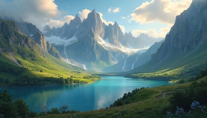 Fototapeta premium Scenic illustration presents a beautiful landscape with a serene lake nestled between massive mountains. Lush green slopes descend towards the turquoise water creating a sense of calm.