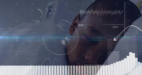Resting boy wearing pajamas and lying on blanket and pillow in bedroom, with digital data overlays