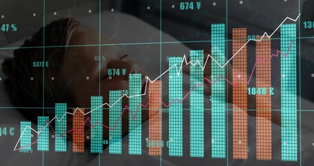 Sleeping child boy lying on pillow in bedroom, with pajamas and financial data overlay, copy space