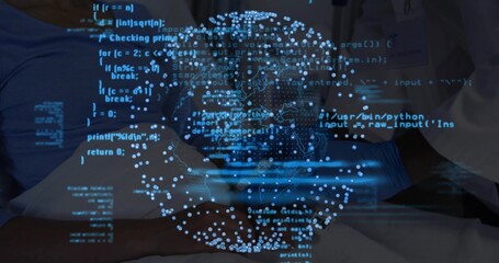 Lab-coated scrub-clad doctors examining digital globe hologram in ward, with code overlay and sheet