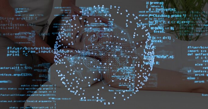 Resting woman focusing on digital globe above white desk in workspace, with code and potted plant