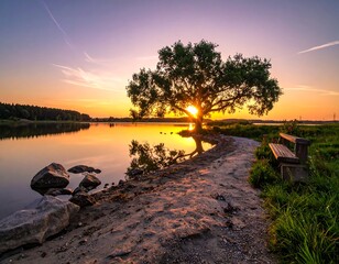 Serene Sunrise Lakeside Scene with Tree.