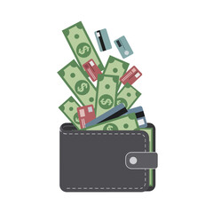 Wallet overflowing with money and credit cards illustration.