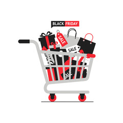 Black Friday Shopping Cart Filled with Gifts and Sale Tags.