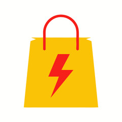 Yellow Shopping Bag with Red Lightning Bolt Symbol.