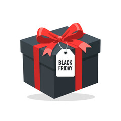 Black Friday Gift Box with Red Ribbon and Tag.