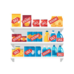 Shelves stocked with products on sale and discount offers.