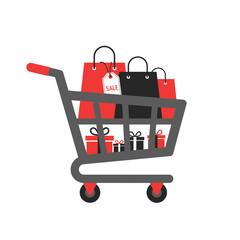Shopping Cart Filled with Red and Black Bags and Gift Boxes.