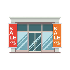 Modern Storefront with Sale Banners and Glass Doors.