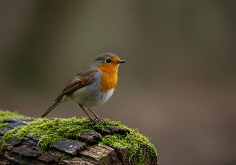 A European robin with a bright orange breast perches on a moss-covered log in a natural outdoor setting.
