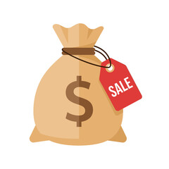 Money bag with sale tag, representing discounts and financial savings.
