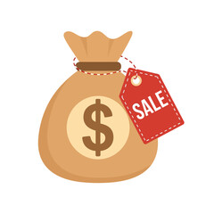 Money Bag with Sale Tag Icon Representing Discounted Financial Savings.