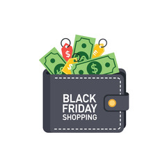 Black Friday Shopping Wallet Overflowing with Money and Price Tags.