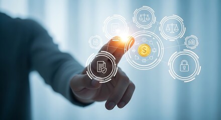 Businessman Interacting with Secure Fintech and Cryptocurrency Digital Interface.