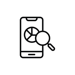 Mobile phone screen displaying a pie chart with a magnifying glass for data analysis