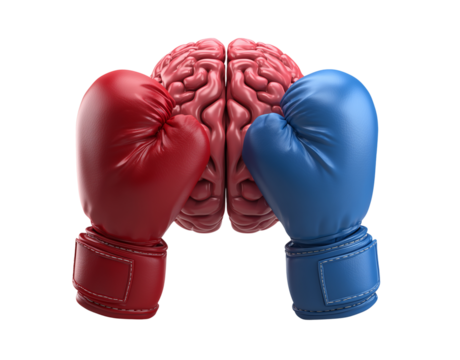 Creative representation of a brain in a boxing match featuring red and blue gloves symbolizing mental conflict and decision-making Generative AI