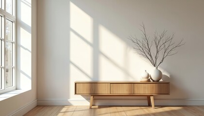 Fototapeta premium Minimalist room with light wooden furniture, bare tree branch in vase, and window light casting shadows. Space for text. Scandinavian interior style home.