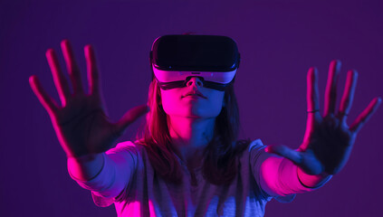 Woman in VR headset with hands extended, bathed in vibrant pink and purple neon lighting, suggesting digital immersion