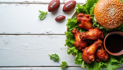 Overhead photo of delicious football themed meal. Chicken wings burger and footballs on white wood table. Food arrangement for sports party tailgate or restaurant menu.
