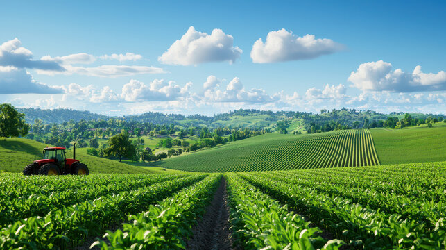 Vibrant landscape featuring red tractor in lush green field, surrounded by rolling hills and blue skies with fluffy clouds