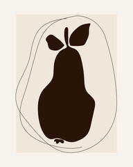 Abstract Contemporary Modern Art Canvas. Minimalist Moody Pear Fruit Contour Drawing. Monochrome Poster Surface. Card Print Composition Pattern. Banner Background Dark Color Abstract Contour Texture