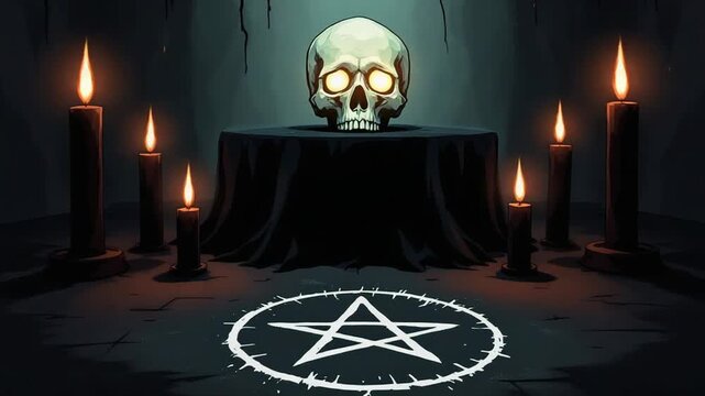 Occult Ritual Scene with Skull, Candles, and Pentagram Symbol.