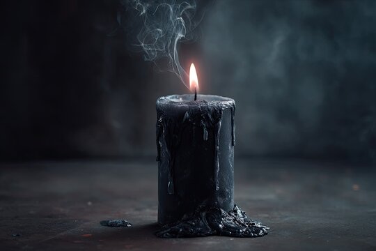 Dark candle in smoke-filled setting