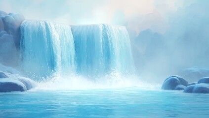 A serene waterfall cascading over icy rocks