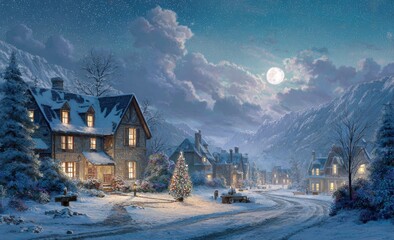 Snowy village at night under a full moon