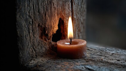 Candle flame in weathered wood