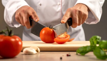 A chef slices a ripe tomato on a wooden cutting board, surrounded by ingredients, showcasing culinary expertise