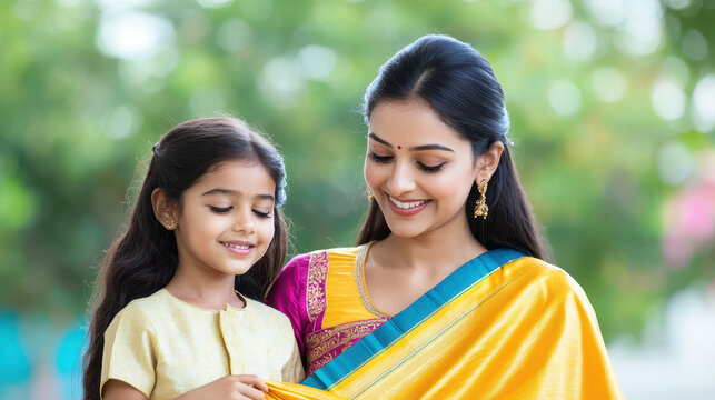 Joyful mother and daughter share tender moment, dressed in traditional attire, showcasing vibrant colors and cultural beauty