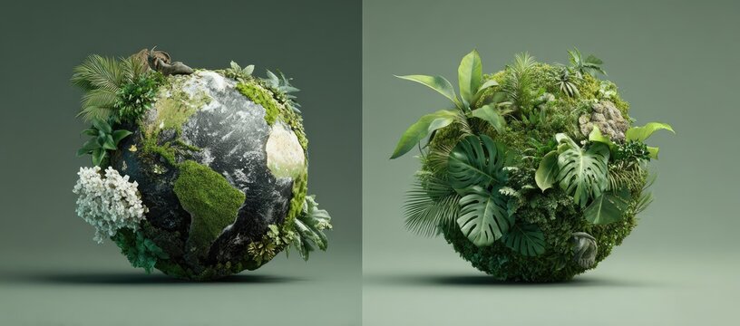 Two globes covered in lush greenery, showcasing a diverse array of plants and moss