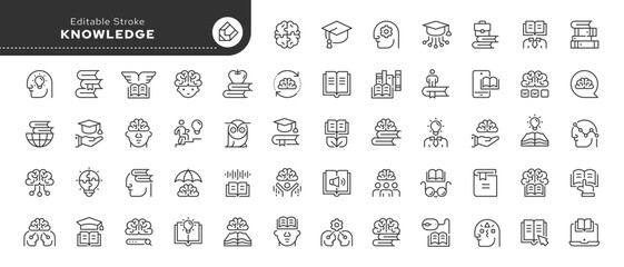 Knowledge line icon set. Cognition, education, studying, book, intelligence, brain, e- learning, learn, read, think and more. Outline icon in linear style. Vector collection.	