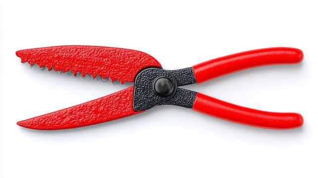 Detailed macro shot of red and black poultry shears, a kitchen tool on a white surface