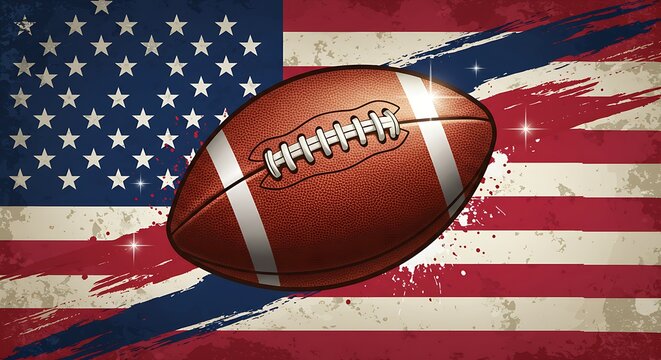 An illustration of a football superimposed over an american flag creating a patriotic sports themed image for the usa team - Powered by Adobe