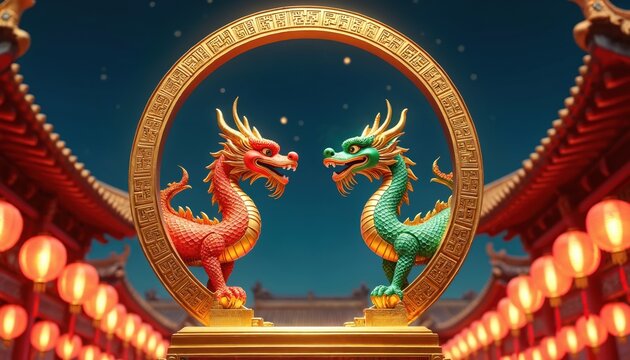 Two red, green Chinese dragon statues face within golden circular frame. Traditional temple structure features glowing red lanterns, illuminating night scene. Dark blue sky background. Represents - Powered by Adobe