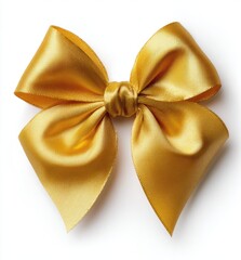 A golden satin ribbon bow,  isolated on white