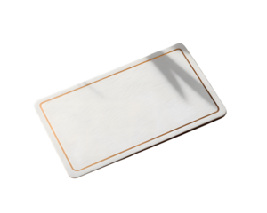 Blank white rectangular name tag with gold border isolated on transparent background