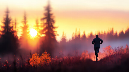 Fototapeta premium Person jogging in serene landscape during sunrise, surrounded by trees and mist, evokes sense of peace and motivation