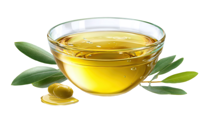Extra virgin olive oil in glass bowl isolated on transparent white background
