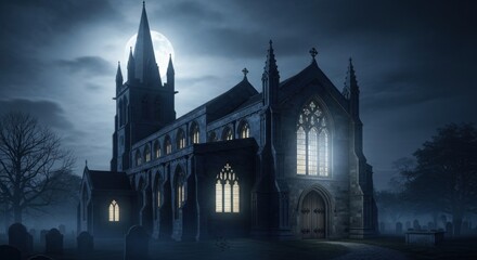 Fototapeta premium Gothic Church Under Moonlight: Eerie Night Scene with Cemetery and Towering Spire