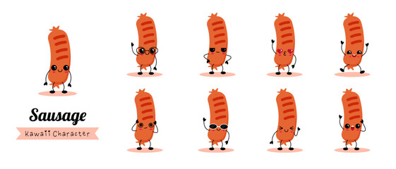 Funny kawaii sausage characters in cartoon style