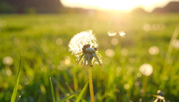A close-up of a dandelion in a field at sunset, with the sun's golden rays illuminating the seeds as they gently float away - Powered by Adobe