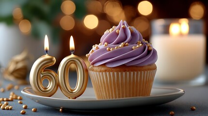 Delicious cupcake with lavender frosting and golden candles for a 60th birthday celebration
