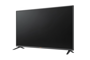 Modern flat screen television with thin bezel and stand isolated on a transparent background display