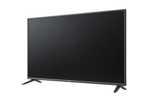 Modern flat screen television with thin bezel and stand isolated on a transparent background display