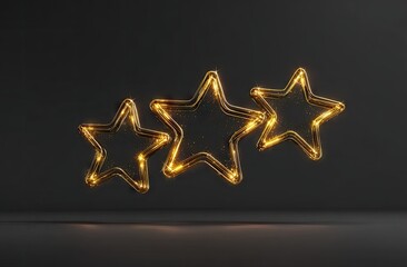 Obraz premium Three golden stars with shiny outline, set against a dark grey background and reflected glow